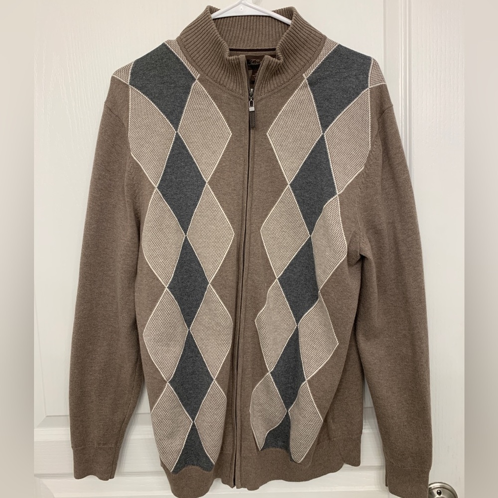Tasso Elba Full Zip Argyle Diamond Pattern Lightweight Cotton Grandpa Sweater